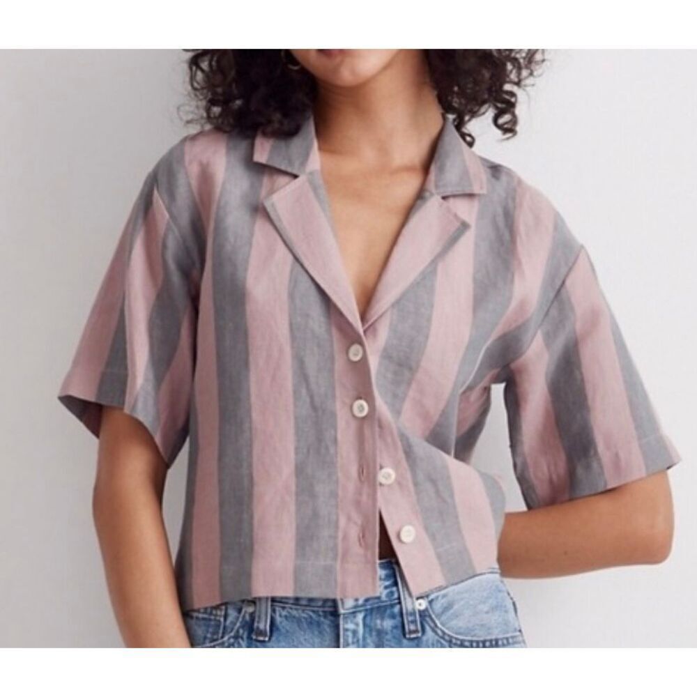 Madewell Pink and Gray Striped Short-Sleeve Button Front Blouse